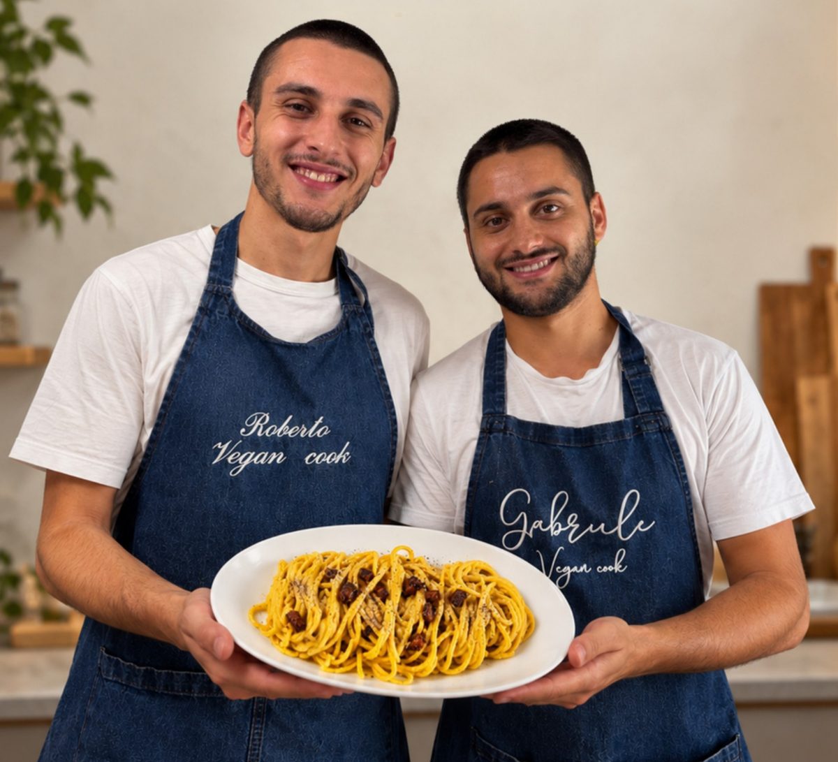 Roberto e Gabriele in grembiule mostrano un piatto di carbonara vegana